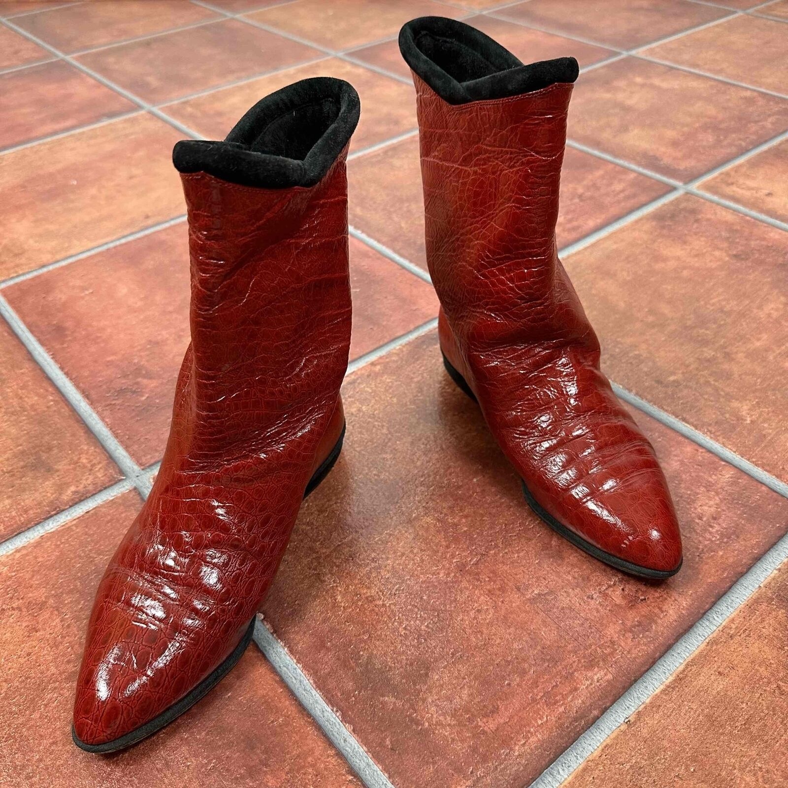 Maud Frizon Red Crocodile Pattern Pointed Toe Western Boots Size Eu 36